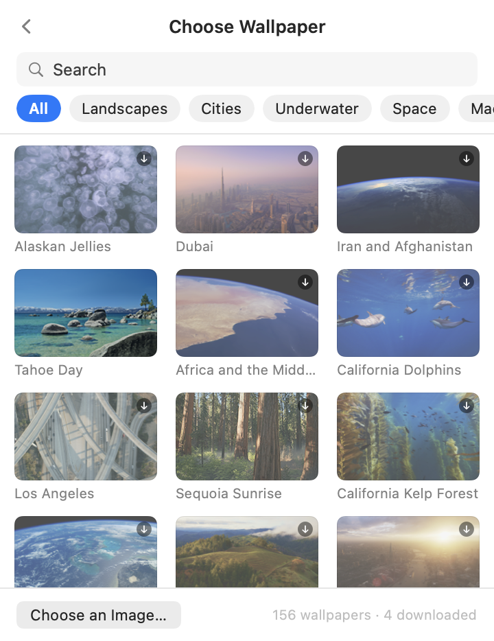 The wallpaper picker showing system aerials.