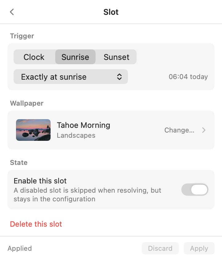 A slot editor with Clock, Sunrise and Sunset triggers.
