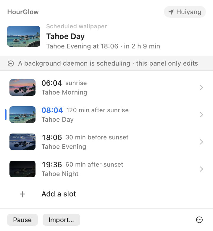 The timeline: today's slots with their resolved times.